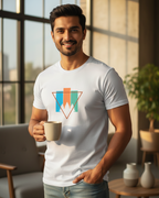 Man wearing a white t-shirt with a colorful triangle design, holding a mug in a bright room.