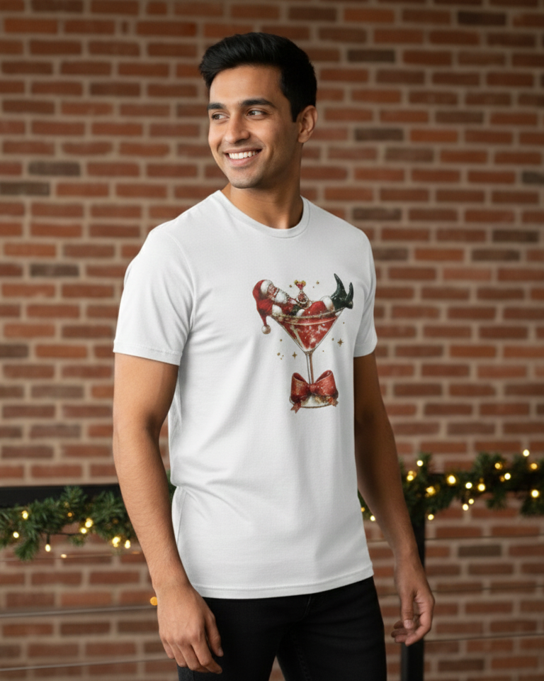 Man wearing a white t-shirt with a graphic design in front of a brick wall with Christmas decorations.