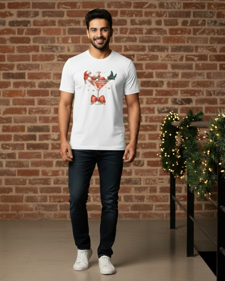 Man wearing a white t-shirt with a graphic design in front of a brick wall with decorative lights.