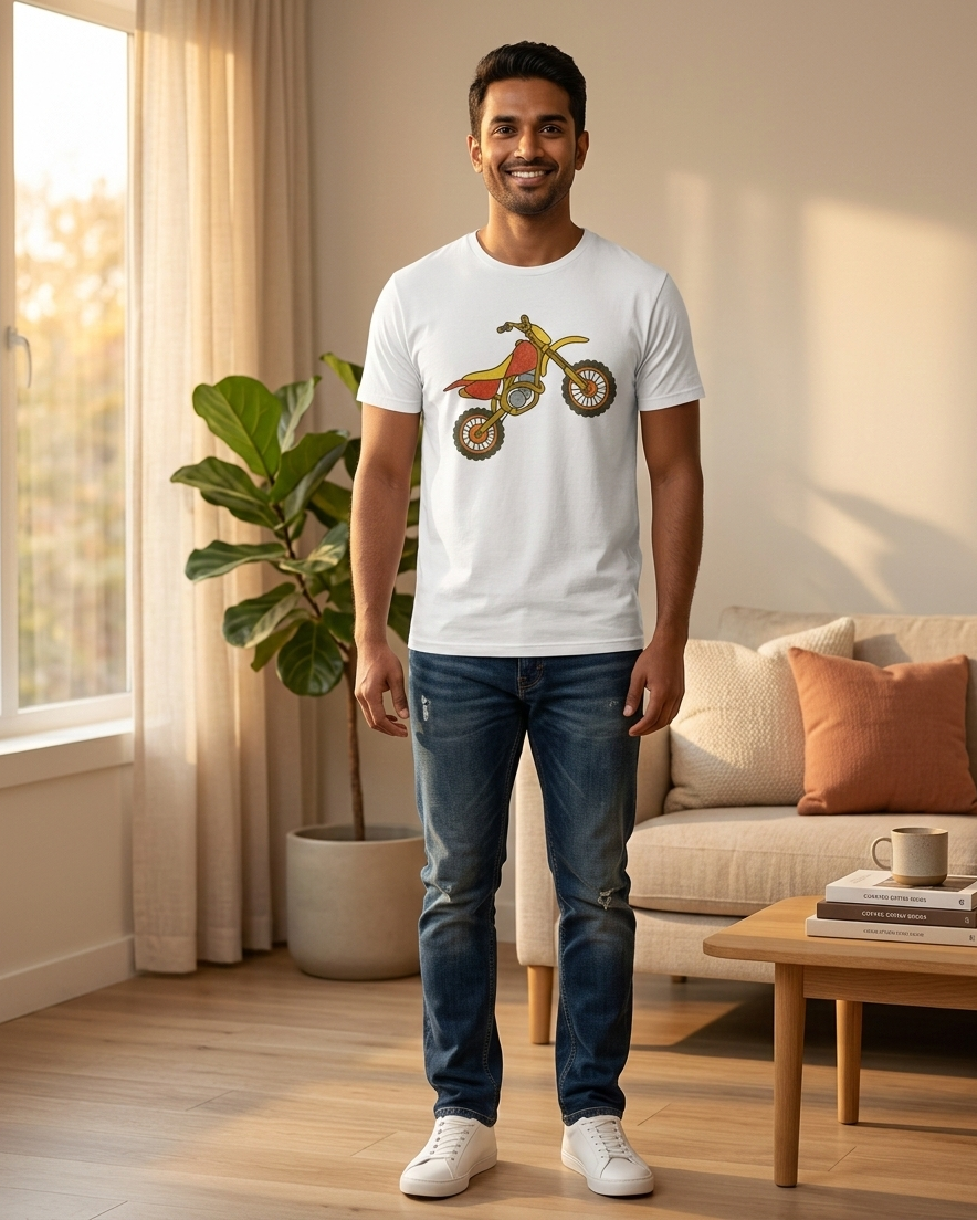 Man wearing a white t-shirt with a graphic design of a dirt bike in a living room.