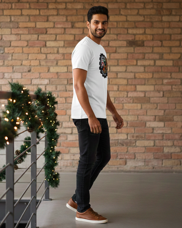 Man wearing a white t-shirt with a graphic design, standing in front of a brick wall with Christmas decorations.