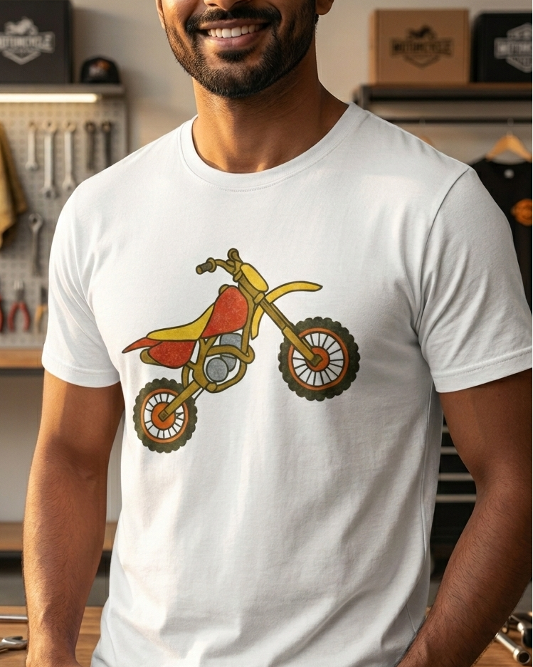 Man wearing a white t-shirt with a graphic of a dirt bike in a workshop setting