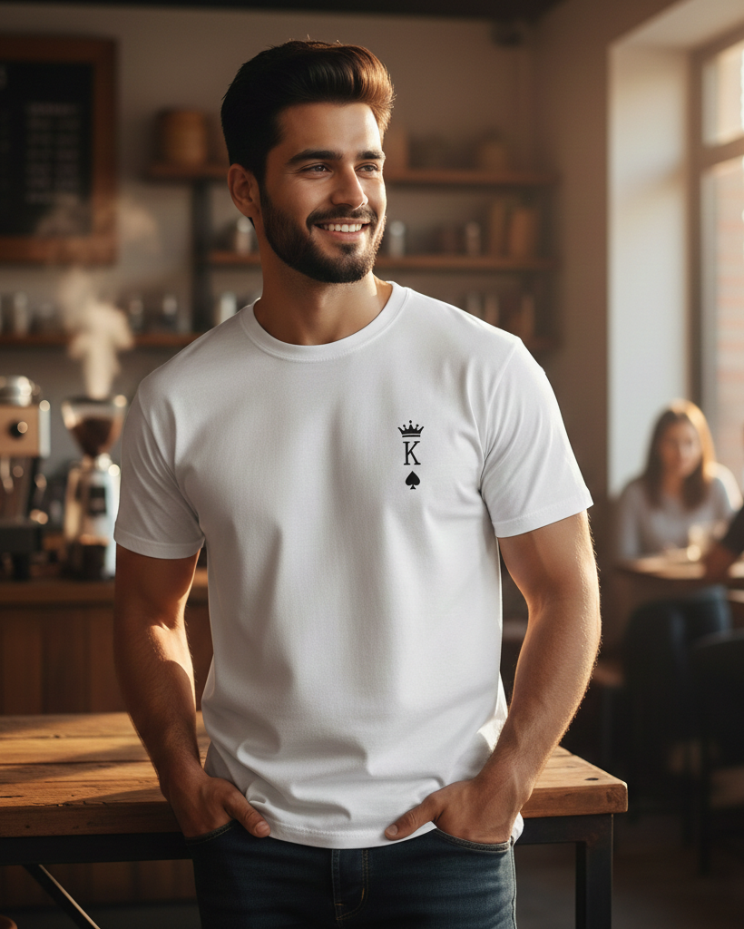 Man wearing a white t-shirt with a logo in a casual setting