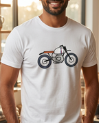 Man wearing a white t-shirt with a motorcycle graphic in a casual setting