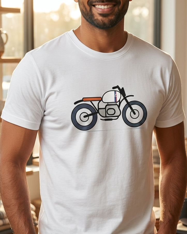 Man wearing a white t-shirt with a motorcycle graphic in a casual setting