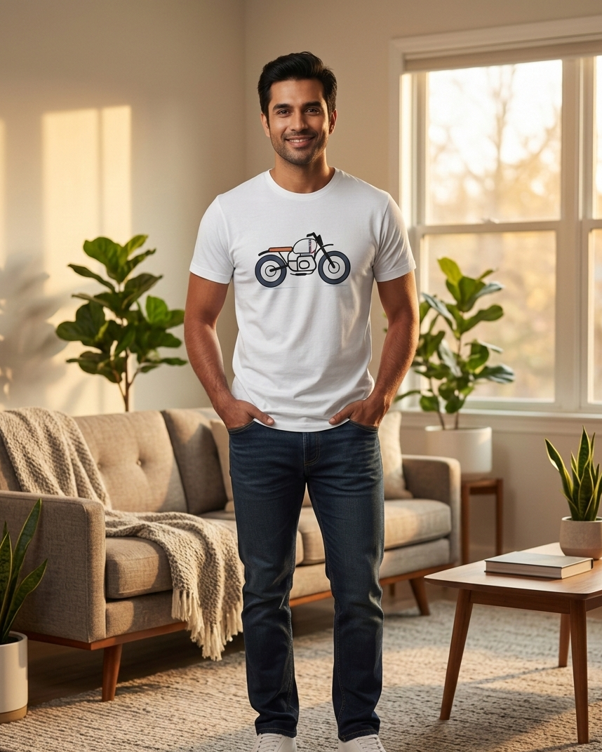 Man wearing a white t-shirt with a motorcycle graphic in a living room.