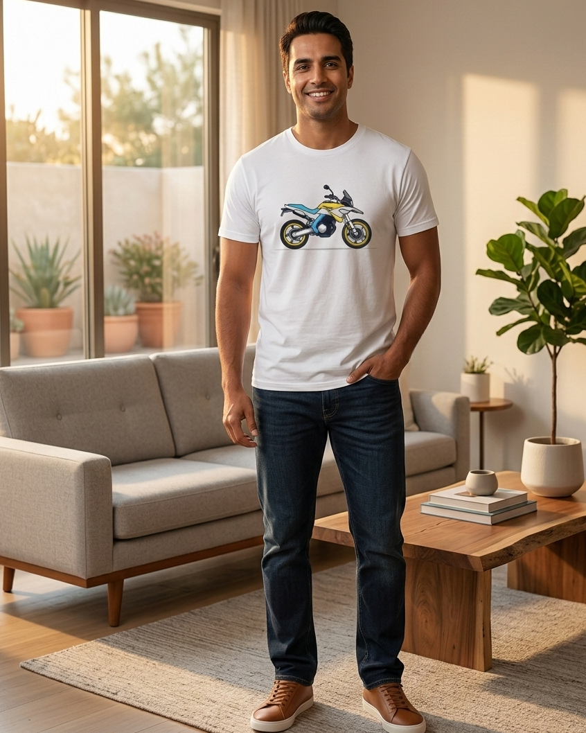 Man wearing a white t-shirt with a motorcycle graphic in a modern living room.