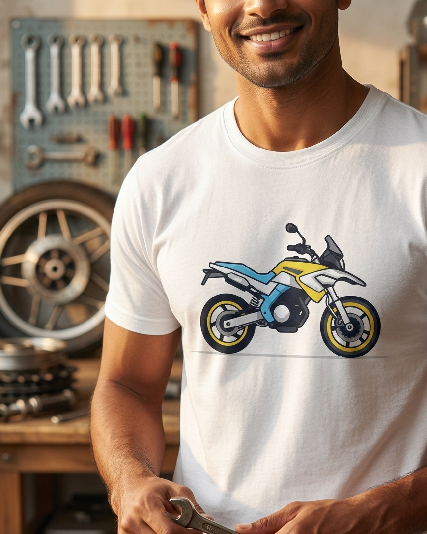 Man wearing a white t-shirt with a motorcycle graphic in a workshop setting.