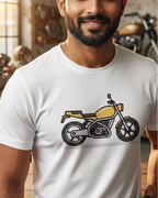 Man wearing a white t-shirt with a motorcycle graphic in a workshop setting