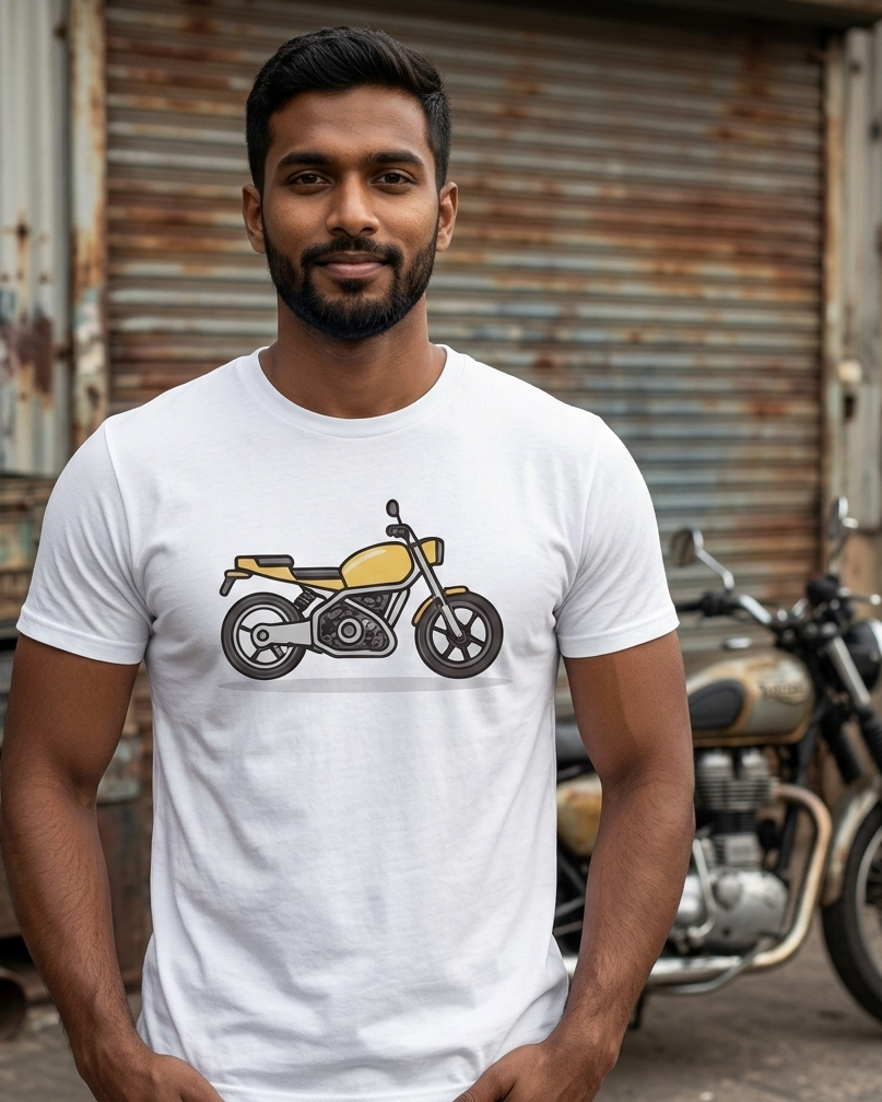 Man wearing a white t-shirt with a motorcycle graphic in front of a rusty metal shutter.