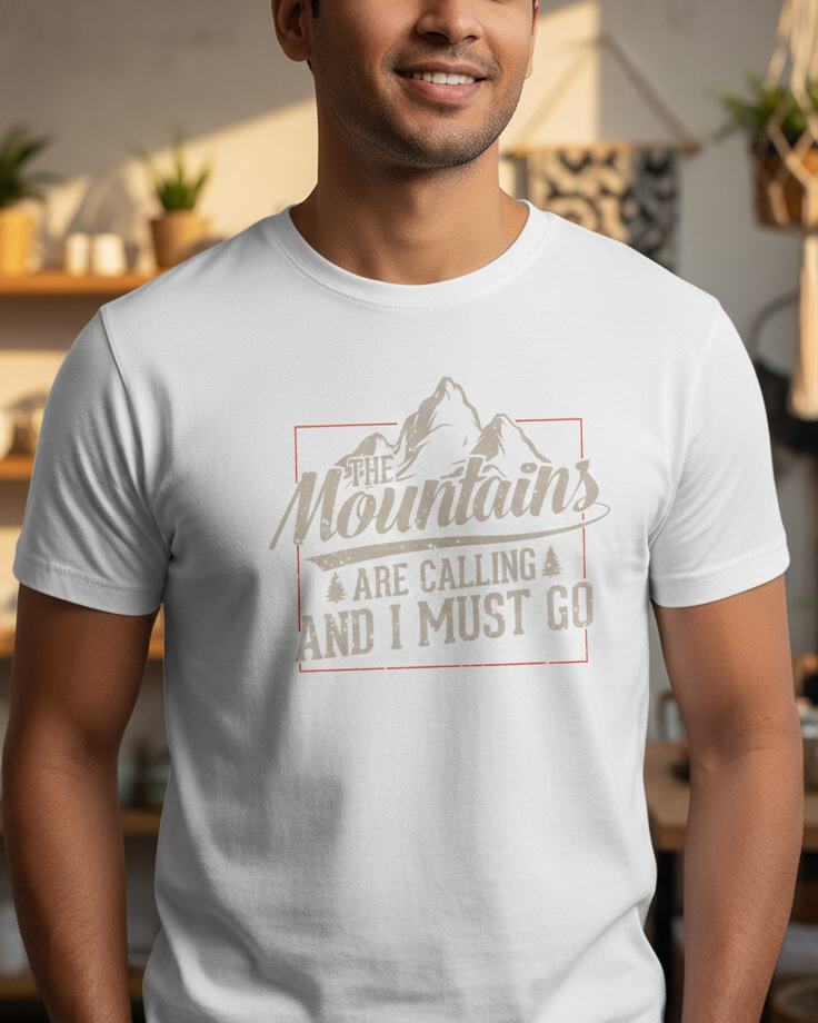 Man wearing a white t-shirt with a mountain design and text in a casual setting.