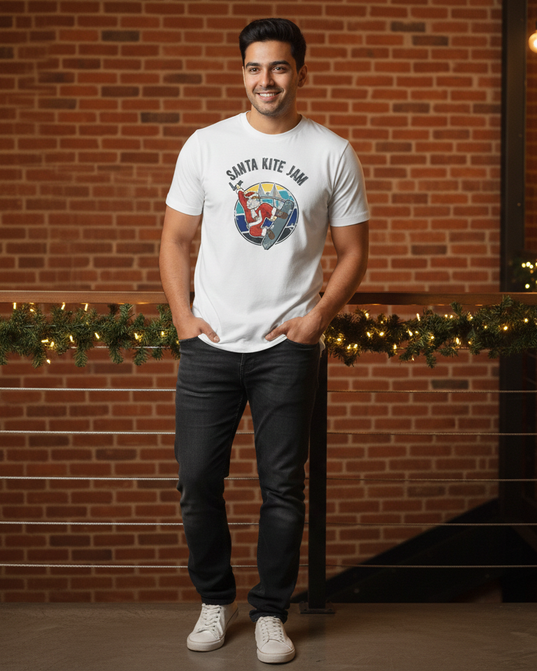 Man wearing a white t-shirt with graphics and text, standing against a brick wall with festive lights.
