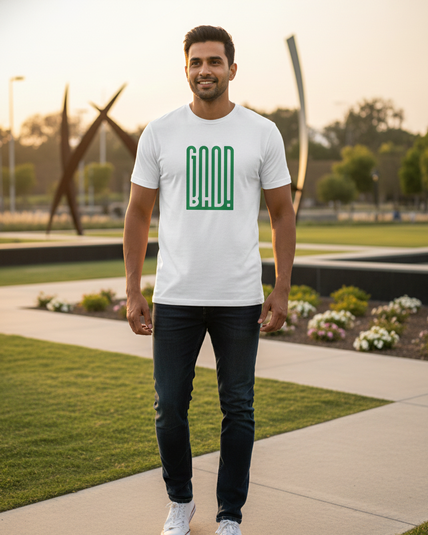 Man wearing a white t-shirt with green text in an outdoor setting
