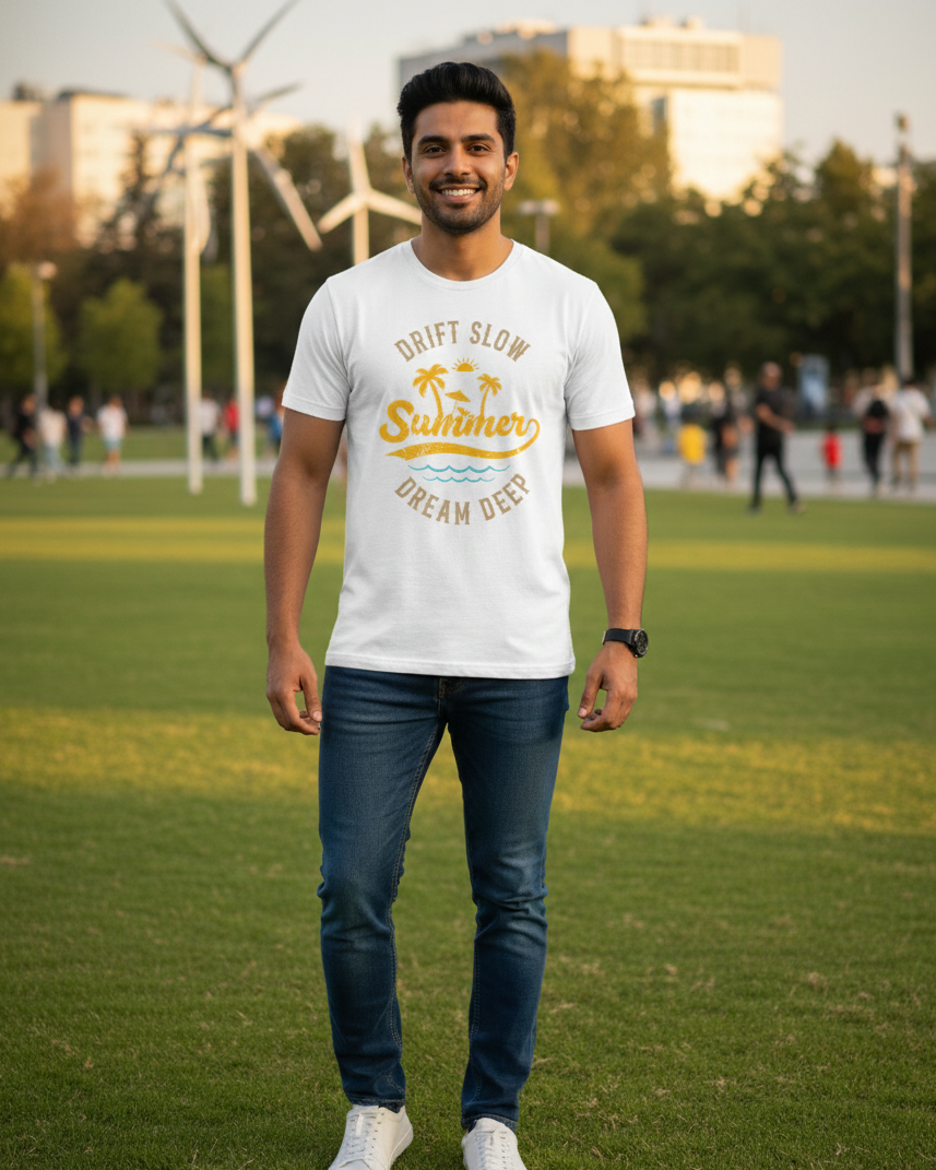 Man wearing a white t-shirt with text and graphics on a grassy field