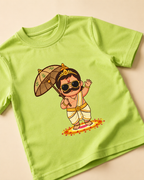 Close view of Cute Maveli light green kids T-shirt placed on the light beige background 