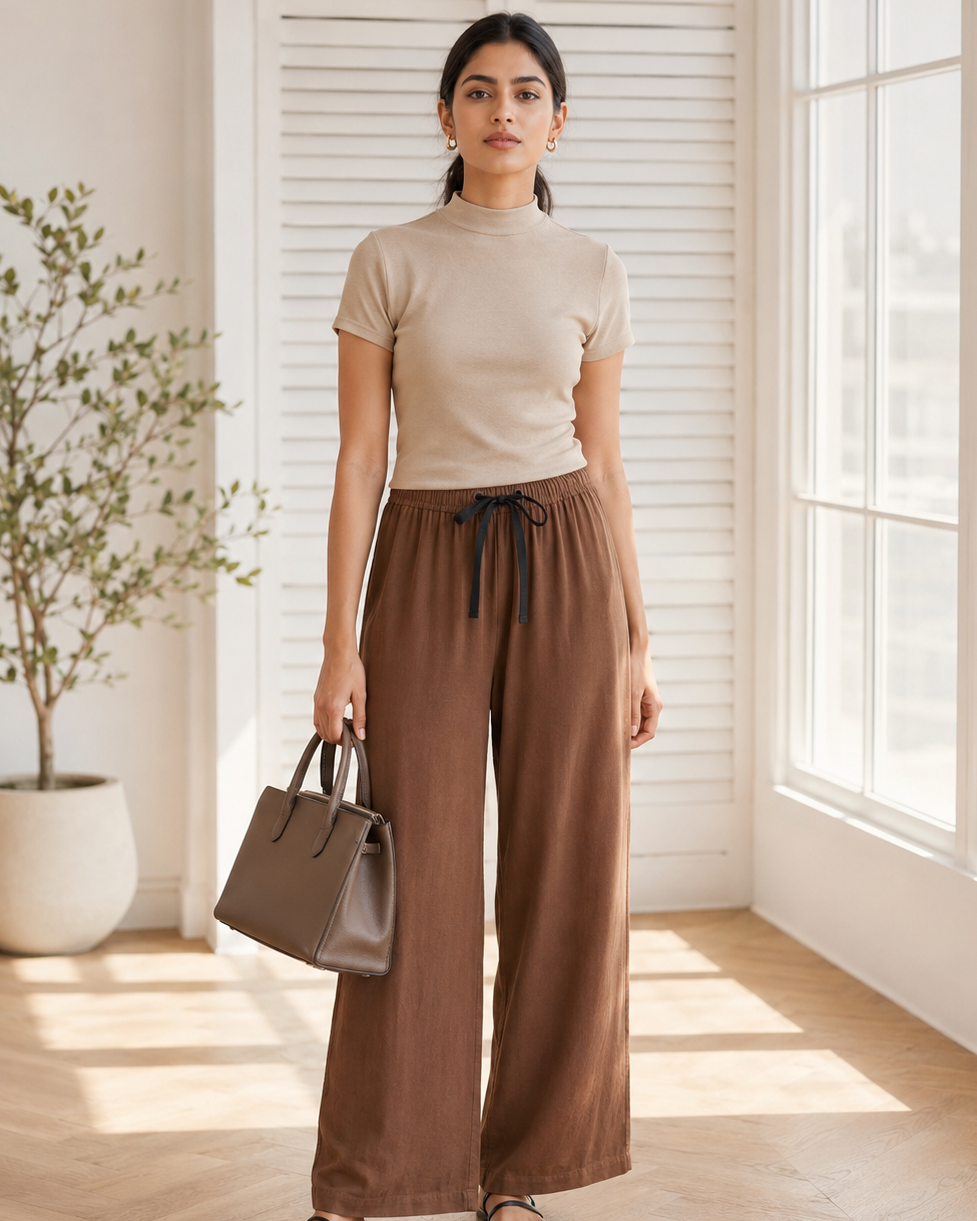 Women  wearing a beige mock neck t-shirt with Brown palazzo pant 