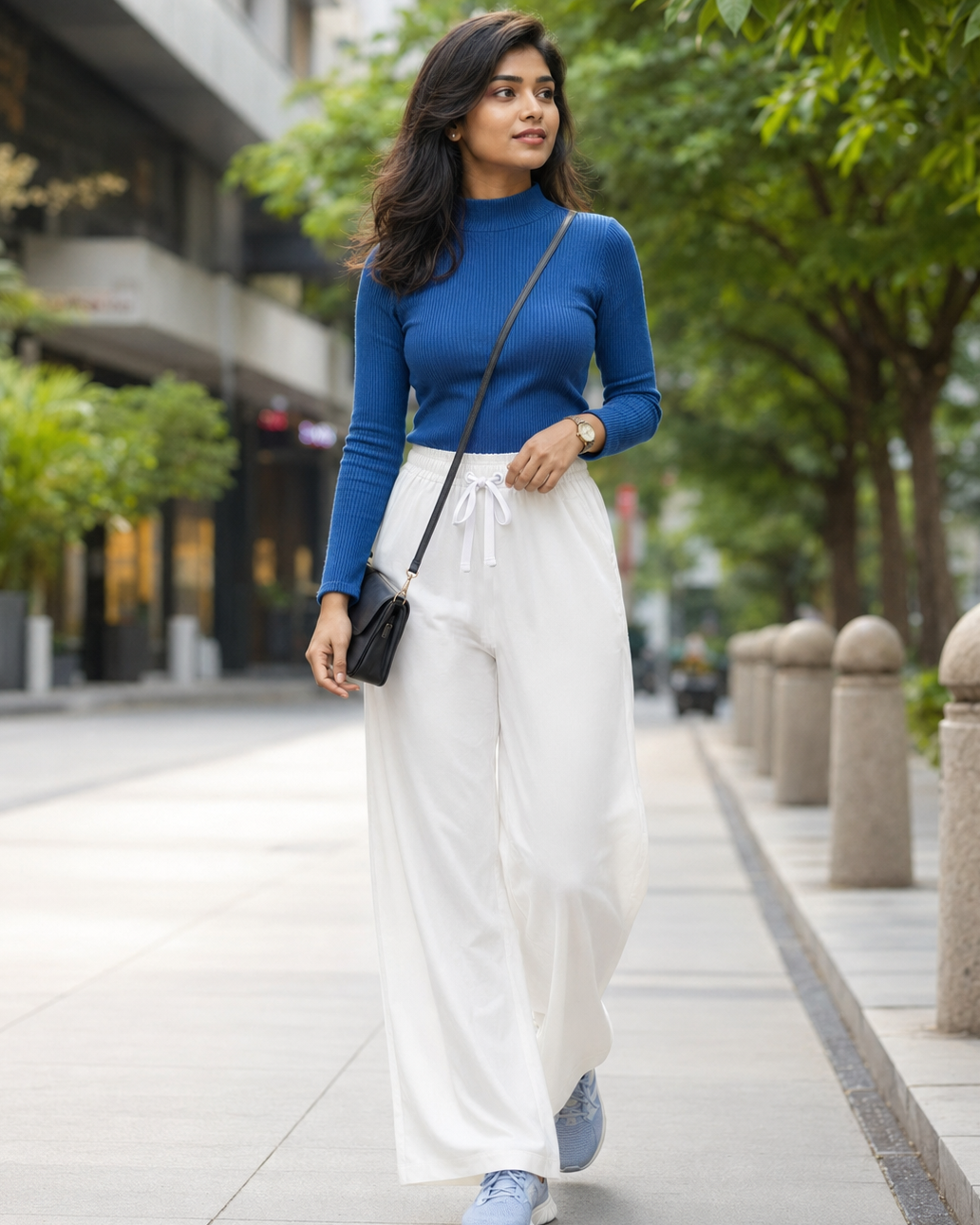 Women wearing a blue mock neck t-shirt paired with white palazzo pant 