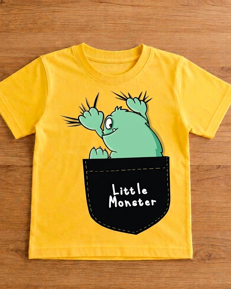 Monster print on t shirt which is placed on wooden table