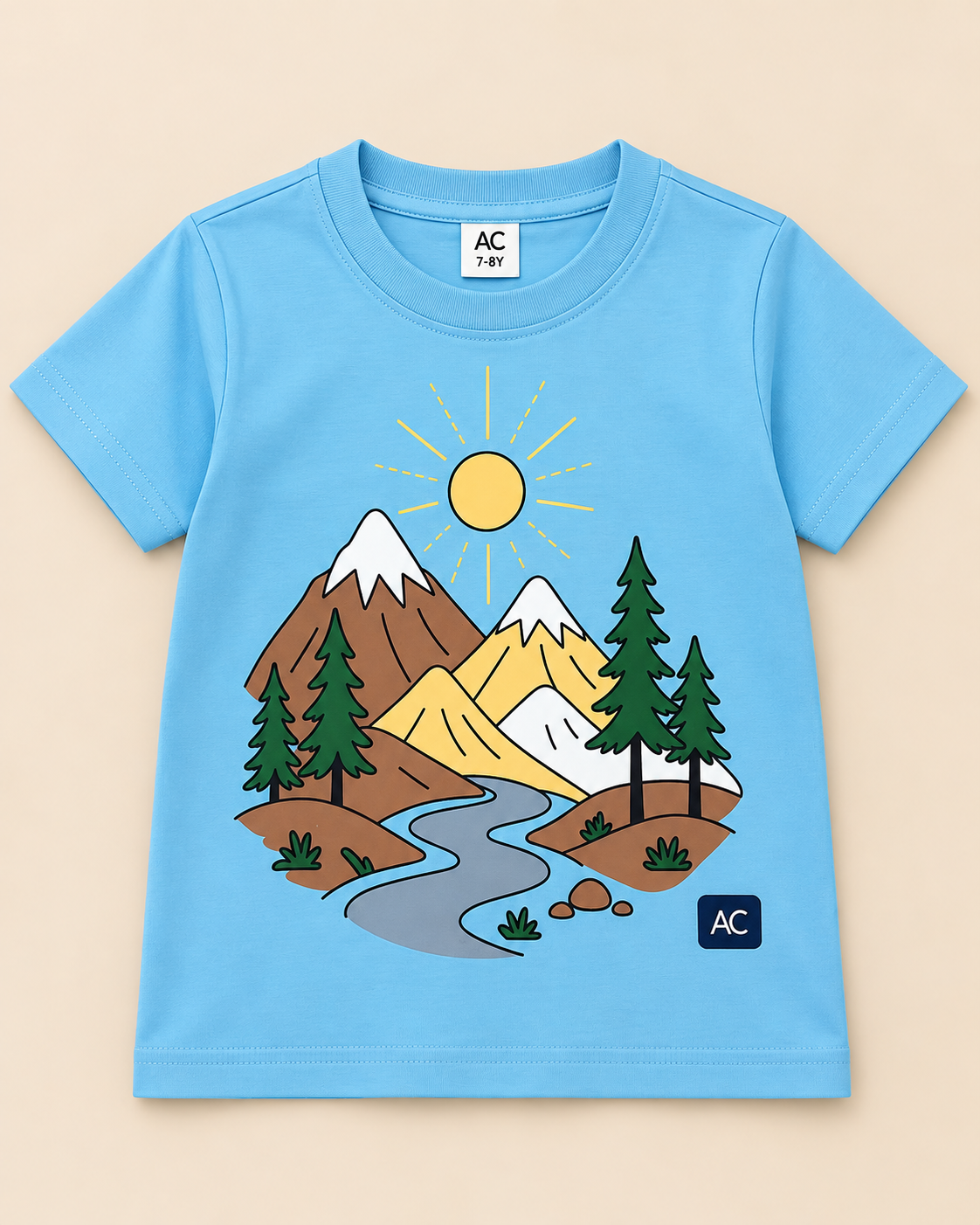 Mountain Blue Half sleeve T-shirt placed on the light beige background