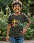 Boy wearing a Muddy Green T-shirt with True story colourful print 