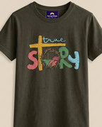 Muddy Green T-shirt with True story colourful print placed on the light beige background 