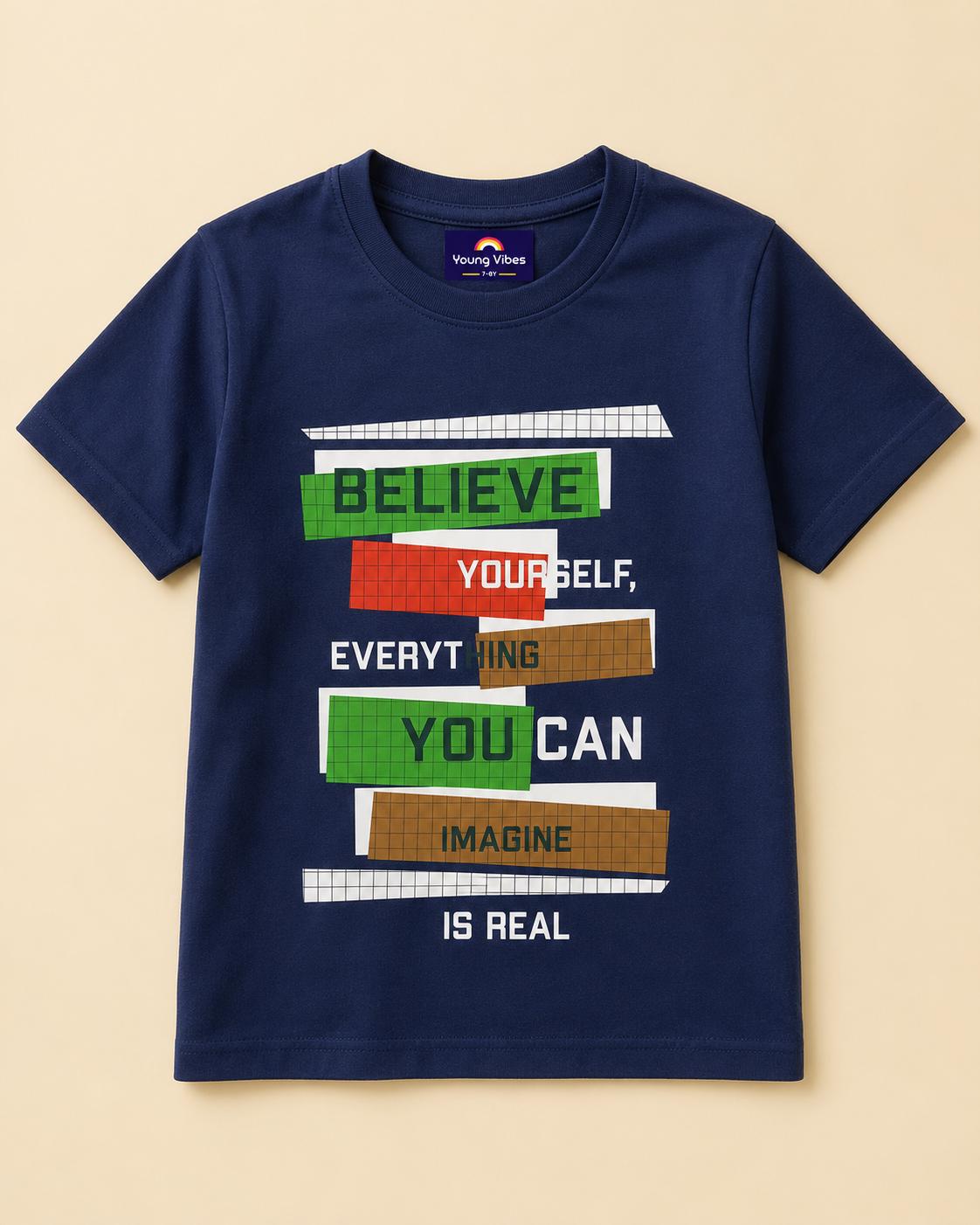 Navy T-shirt with Believe yourself print placed in light beige background