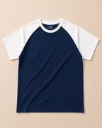 Navy Raglan Sleeve T-Shirt and placed on lite beige background