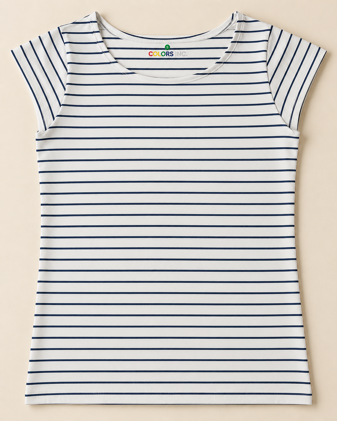 Navy Stripes Cap Sleeve laid on the light beige background
