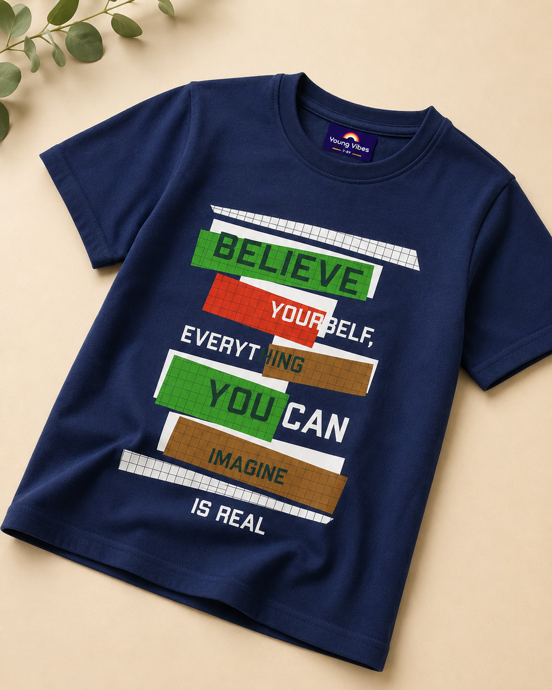 Navy T-shirt with Believe yourself print closeup view placed in Beige background