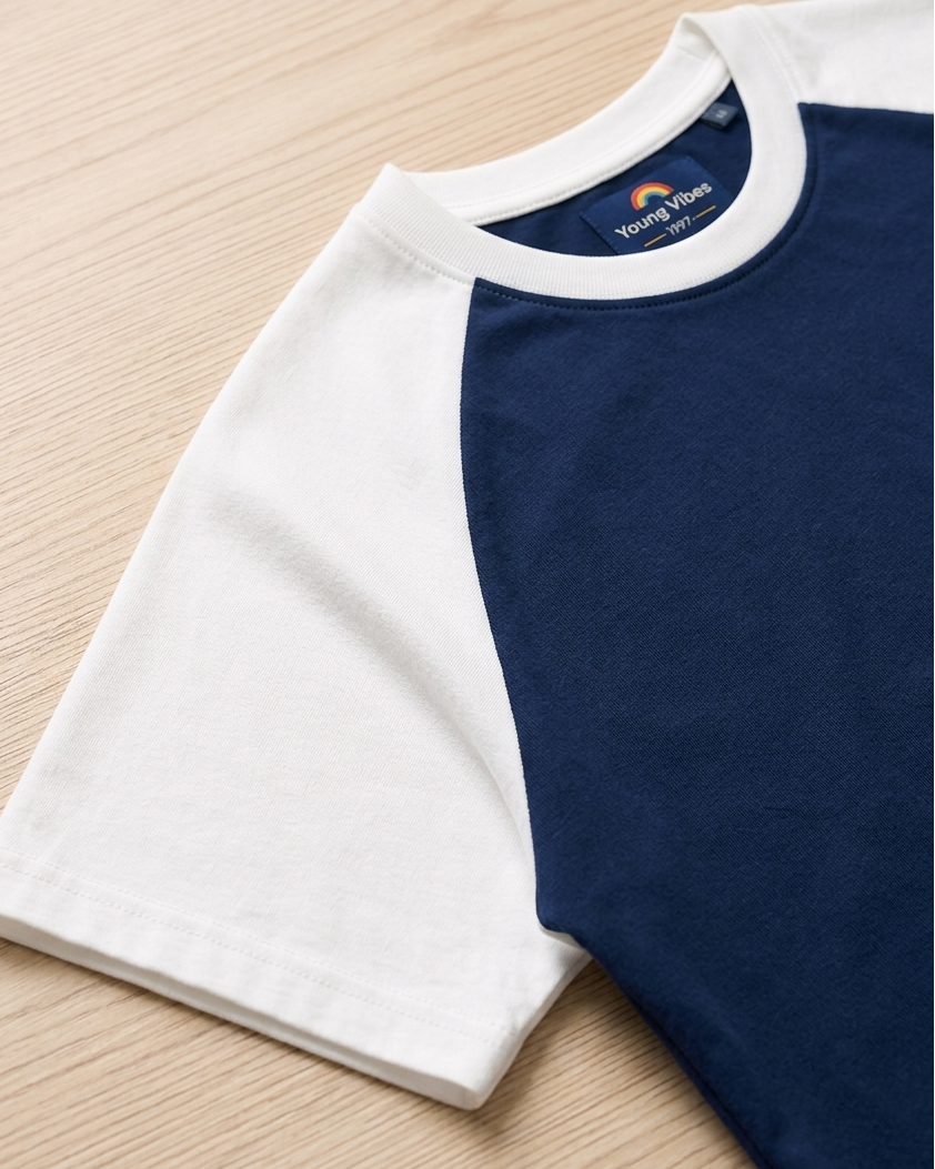 Kids Navy with White Raglan Sleeve Cotton T-shirt focus on neck and sleeve part