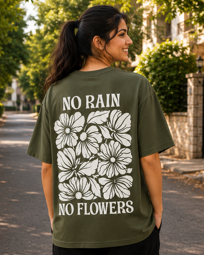 Women wearing a No Rain No Forest Floral print Olive Green Oversized T-shirt