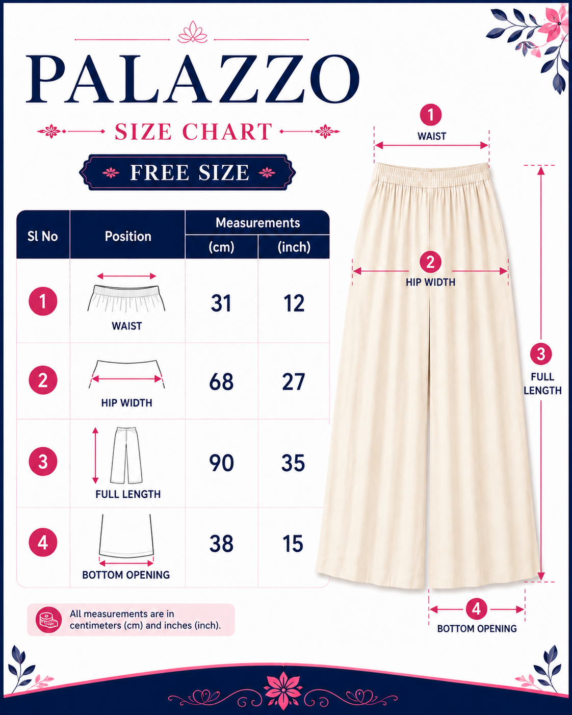 Palazzo measurement Chart which consist details of free size 