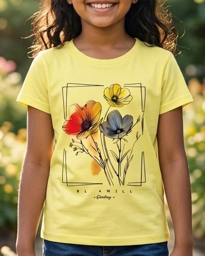 Girl wearing a Light Yellow T-shirt with floral print close view 