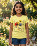 Girl wearing a Pastel yellow T-shirt with floral print design posing in garden