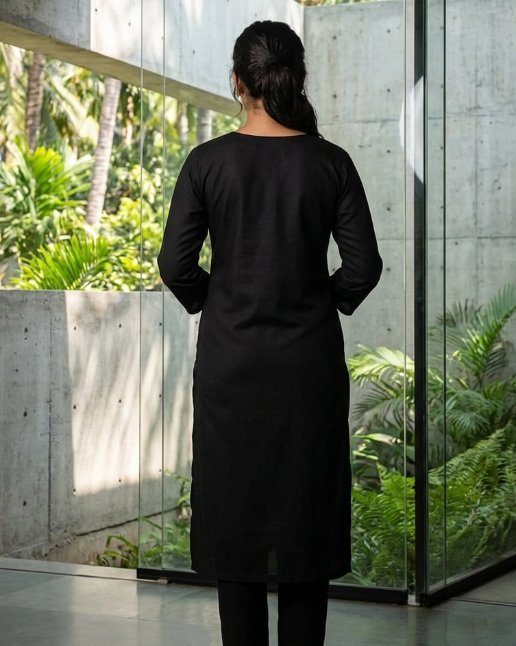 Person wearing a black outfit standing in a modern architectural setting with greenery.