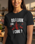 Person wearing a black t-shirt with a graphic design and text in a casual setting.