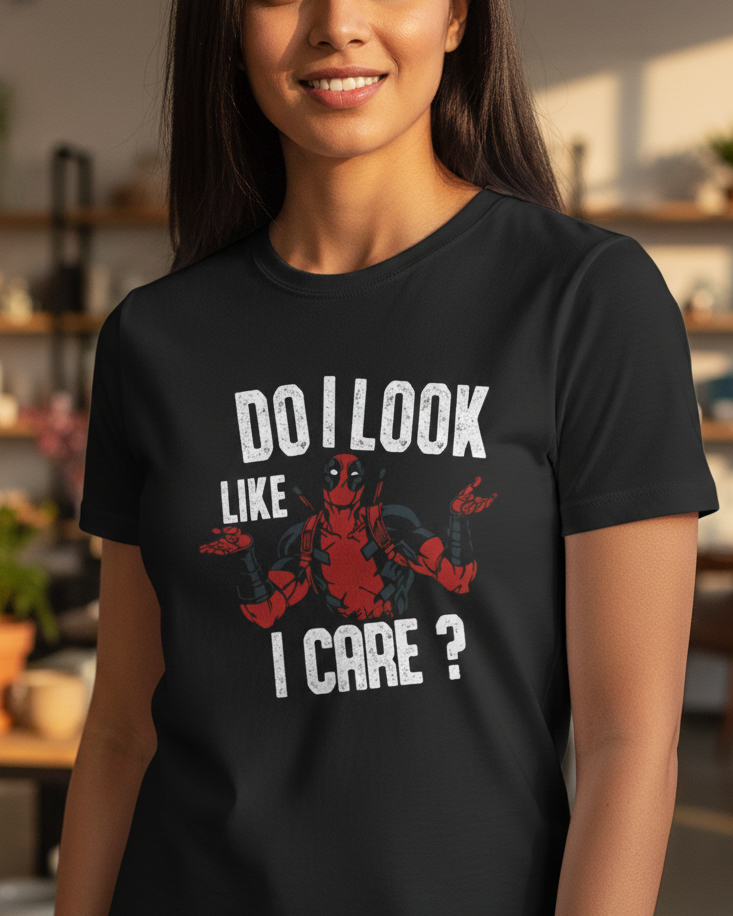 Person wearing a black t-shirt with a graphic design and text in a casual setting.