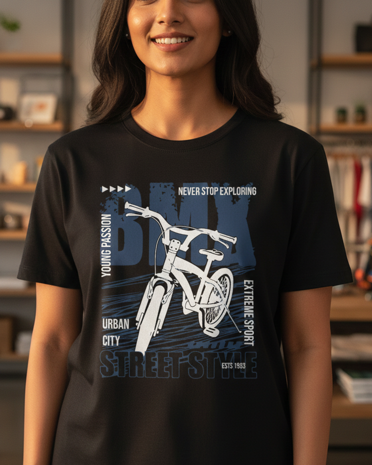 Person wearing a black t-shirt with a graphic design of a bicycle and text.