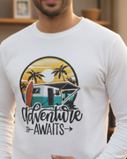 Person wearing a white long-sleeve shirt with a 'Adventure Awaits' graphic design.