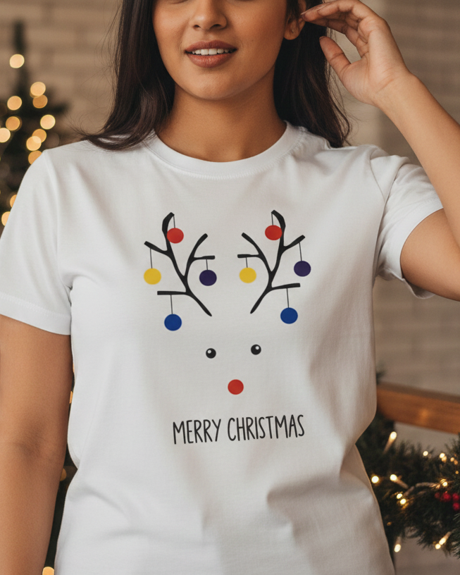 Person wearing a white t-shirt with a Christmas-themed design in front of a decorated Christmas tree.