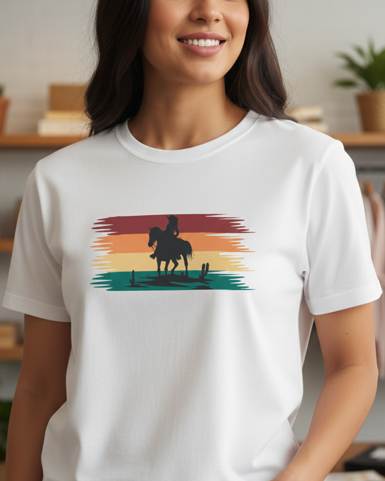 Person wearing a white t-shirt with a graphic design of a person on horseback against a rainbow background.
