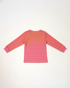 Pink and yellow striped long-sleeve shirt on a white background