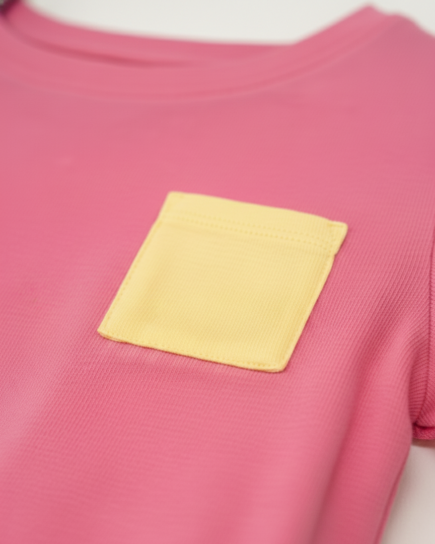 Pink shirt with a yellow pocket patch on a white background