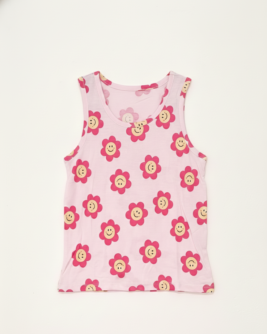 Pink tank top with floral pattern on a white background