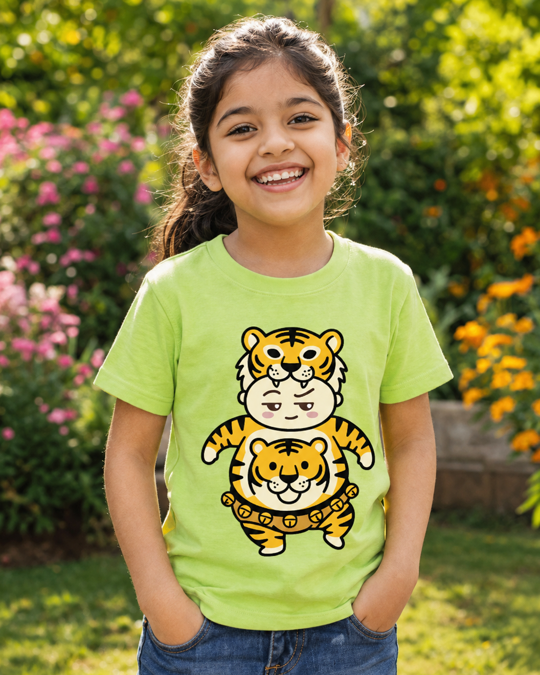 Girl wearing a Pulikali Light Green Kid's Half Sleeve T-Shirt