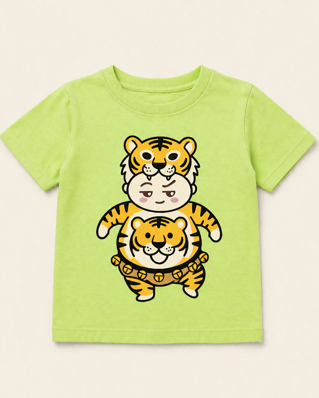 Pulikali Light Green Kid's Half Sleeve T-Shirt placed on the light beige background