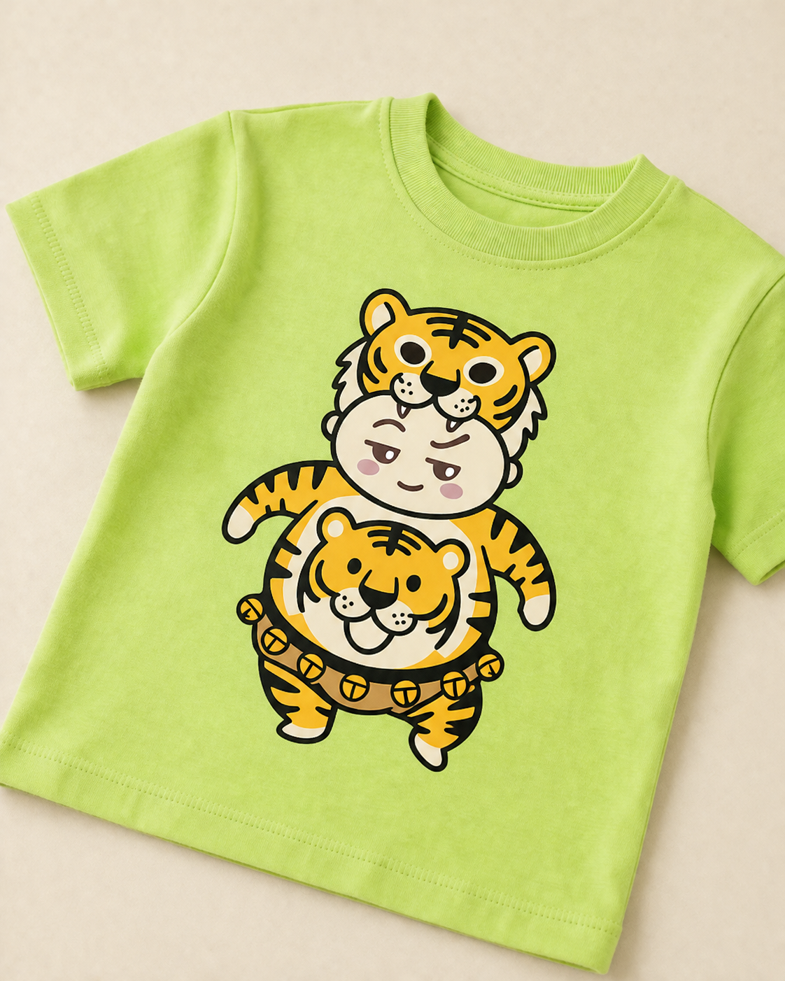 Pulikali Light Green Kid's Half Sleeve T-Shirt placed on the light beige close view