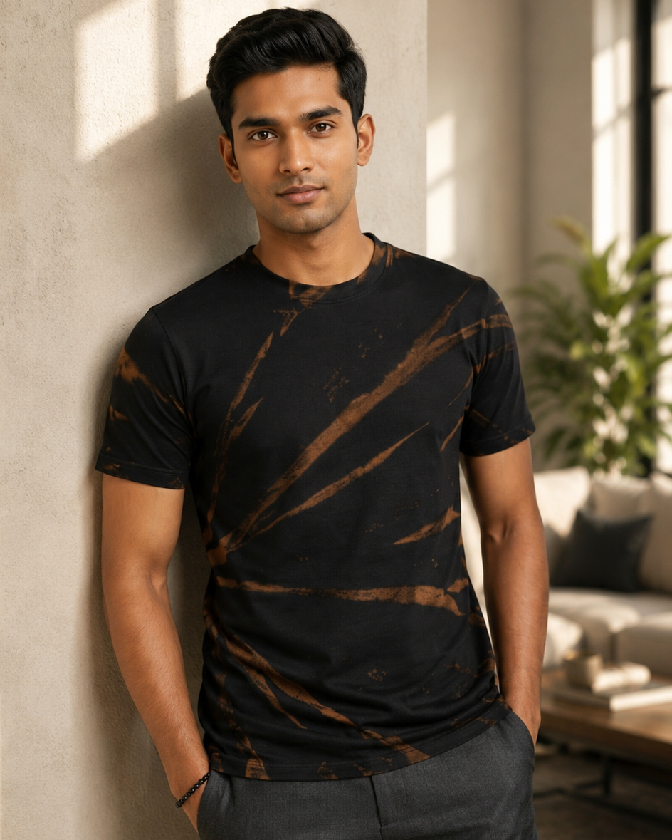 Ray-Burst Acid Wash  Regular fit  black cotton T-shirt 