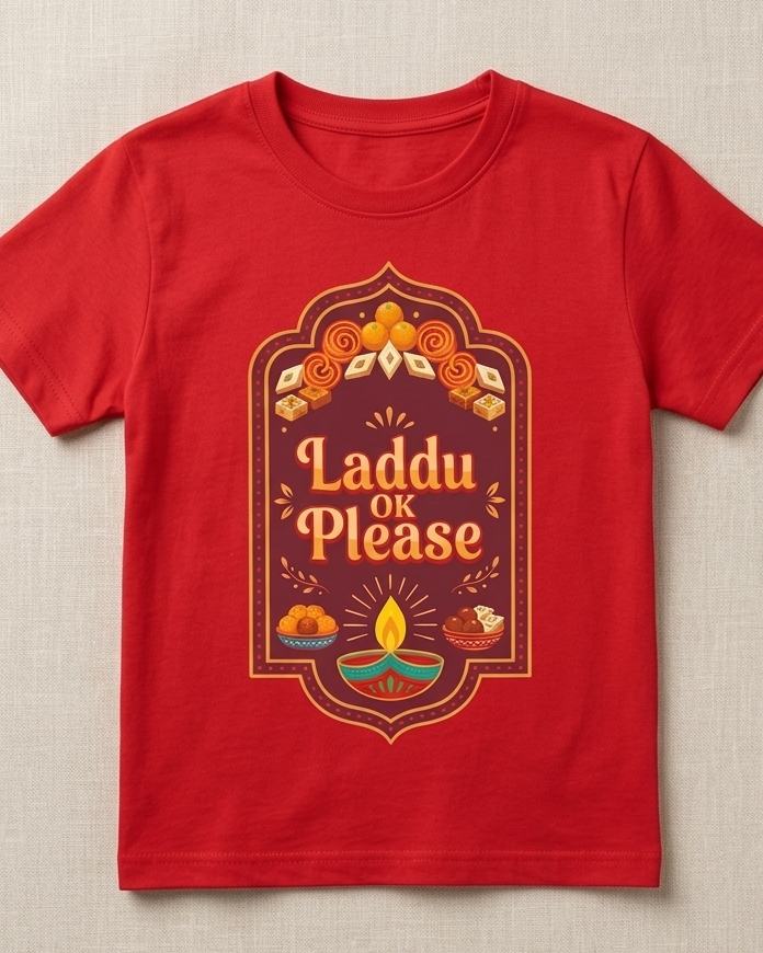 Red Kids T-shirt Laddu Please placed on the Light Beige background