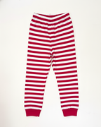 Red and white striped pants on a white background.